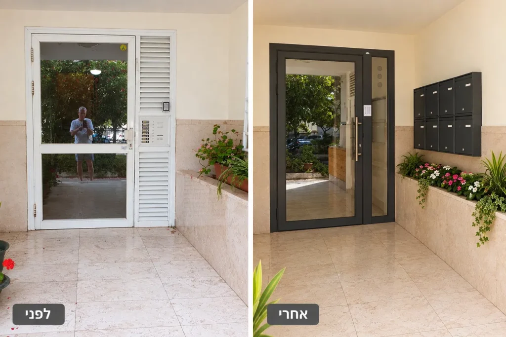 סיכורית אפור כהה ותיבות דואר על הקיר - לפני ואחרי